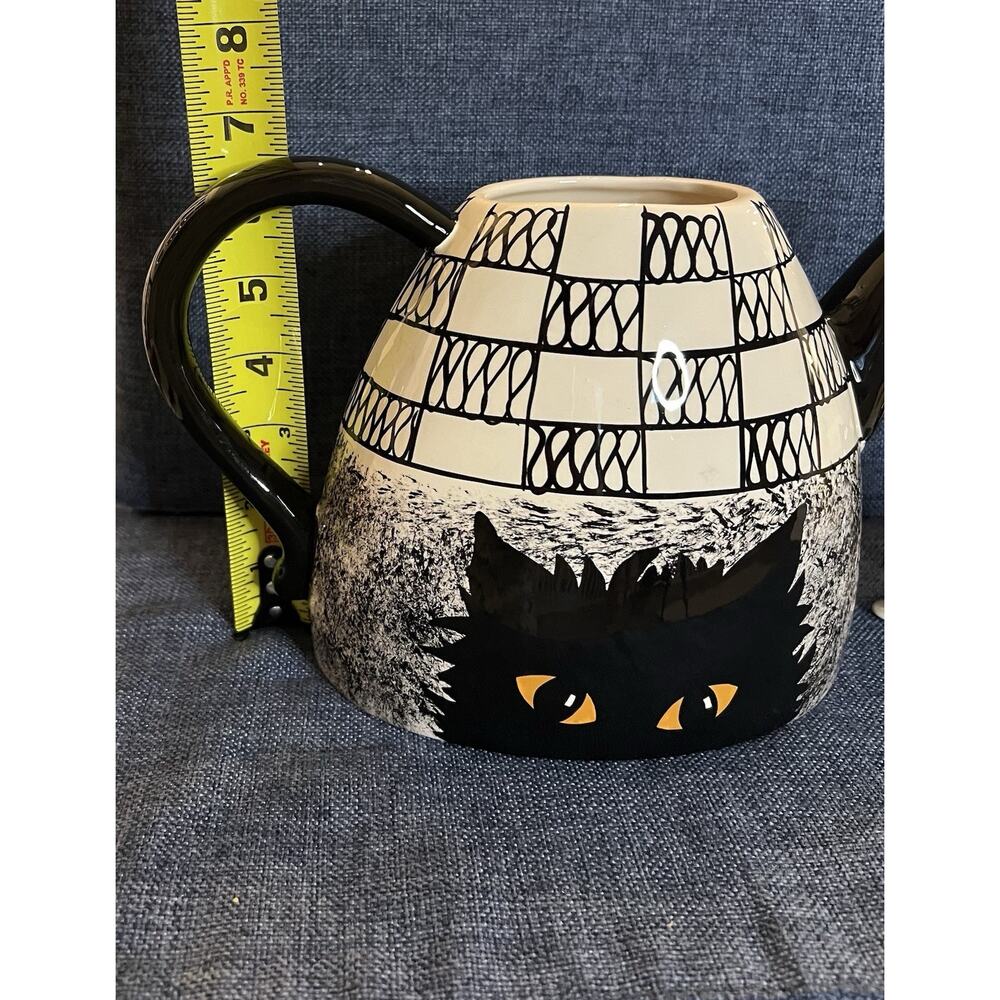 Cats by Nina Lyman black cat coffee teapot 9 in Amber eyes B&W‎ design Complete - Picture 10 of 16